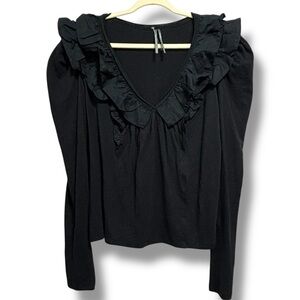 Anthropologie Ruffle V Neck Cotton Puff Shoulder Long Sleeve Top Black Medium